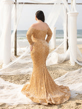 Plus Elegant Off Shoulder Lone Sleeves Mermaid Hem Sequin Evening Dress